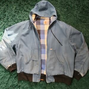 Vintage Thrashed Carhartt Hooded Work Jacket Blue Plaid Lined Distressed
